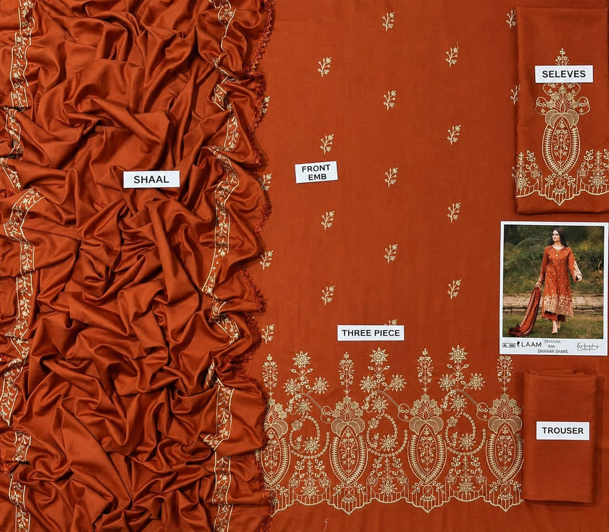 3-Piece Laam Inspired Premium Embroidered Dhanak Suit AL-505