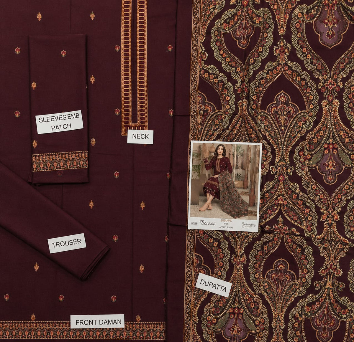 3-Piece Breeze Inspired Premium Embroidered Dahnak Suit DE-34