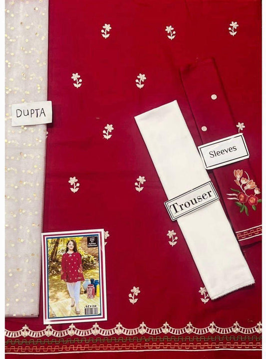 Kids 3PC Embroidered Summer Dress With Net Dupatta - Unstitched - DE-56