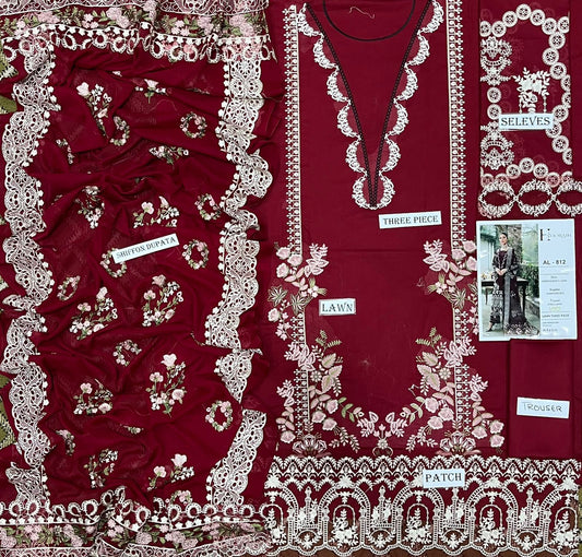 3 Piece - Embroidered Lawn Suit With Chiffon Emb Dupatta AL-812