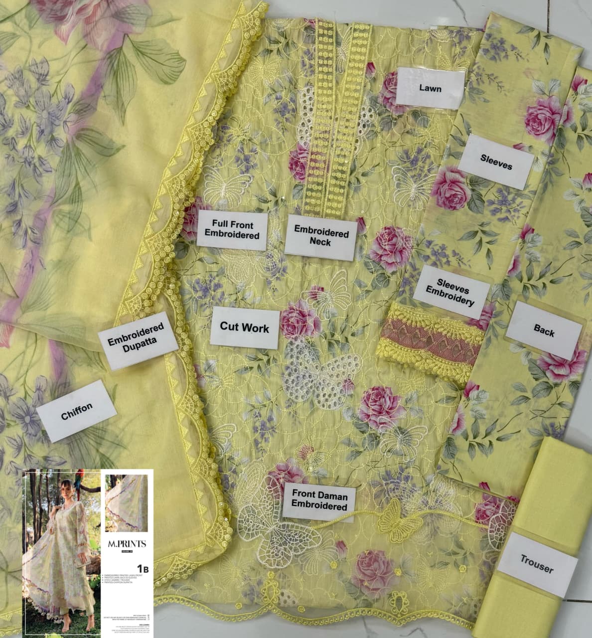 Embroidered Lawn Unstitched Summer Dress -1B
