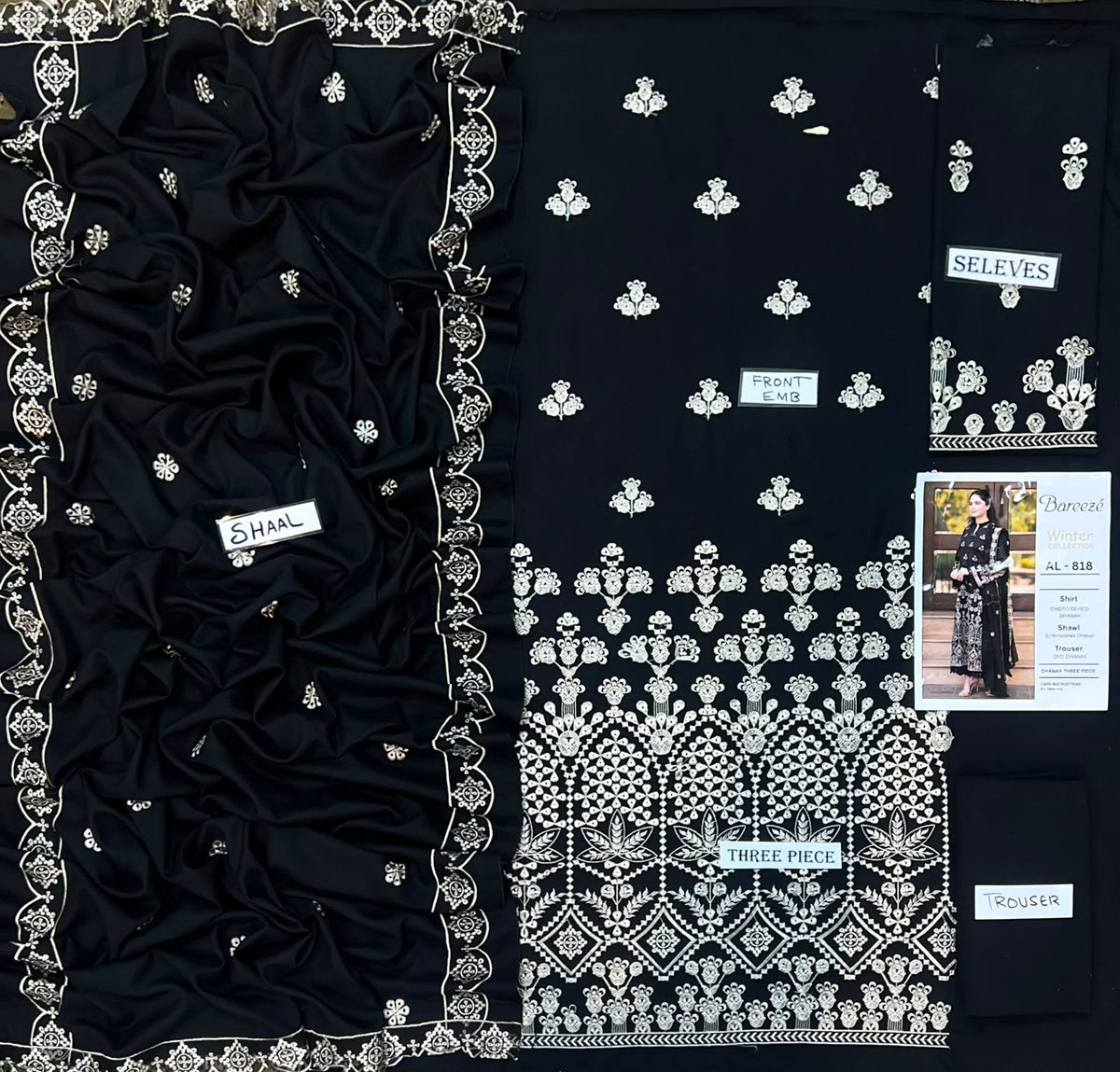 3-Piece Bareeze Inspired Premium Embroidered Dhanak Suit AL-818
