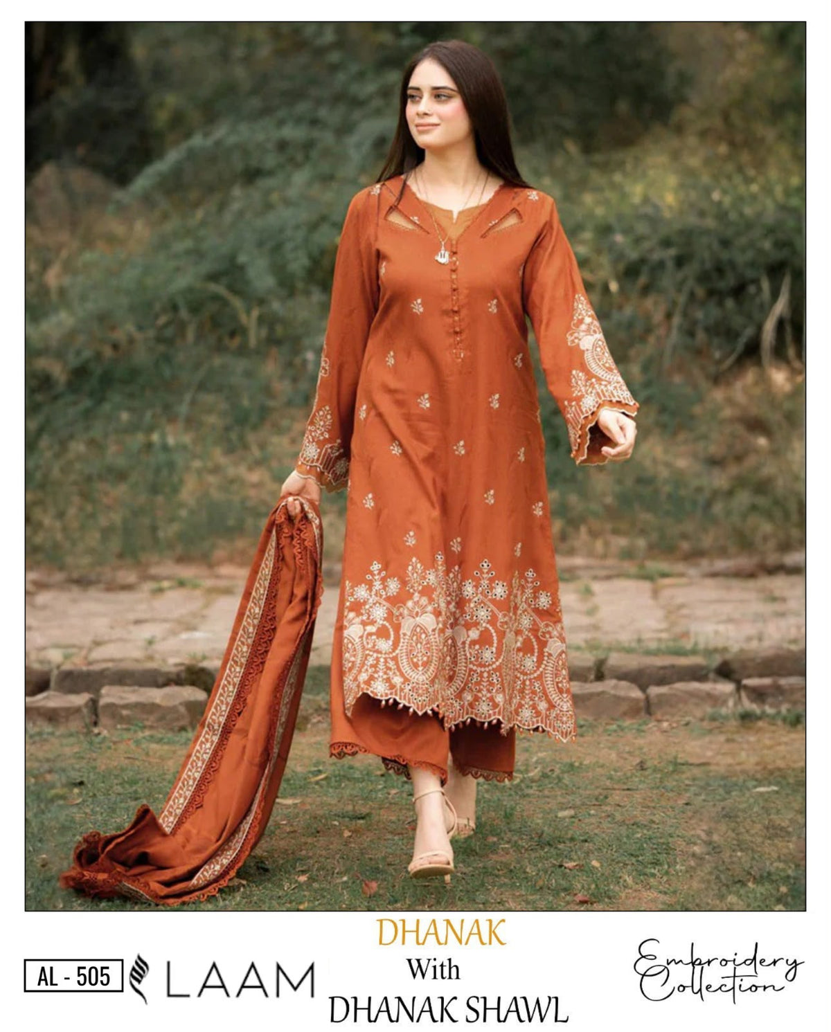 3-Piece Laam Inspired Premium Embroidered Dhanak Suit AL-505