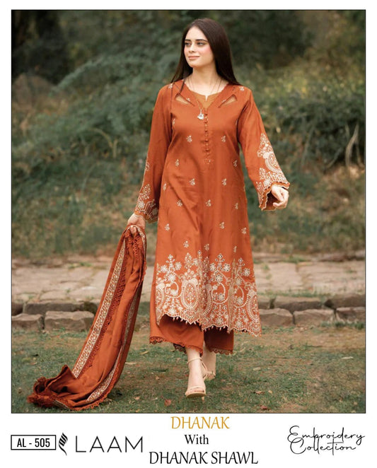 3-Piece Laam Inspired Premium Embroidered Dhanak Suit AL-505
