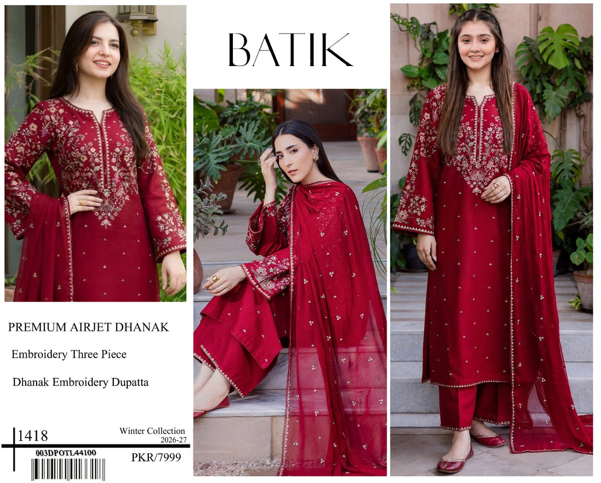 3-Piece Batik Inspired Premium Embroidered Dhanak Suit AL-1418