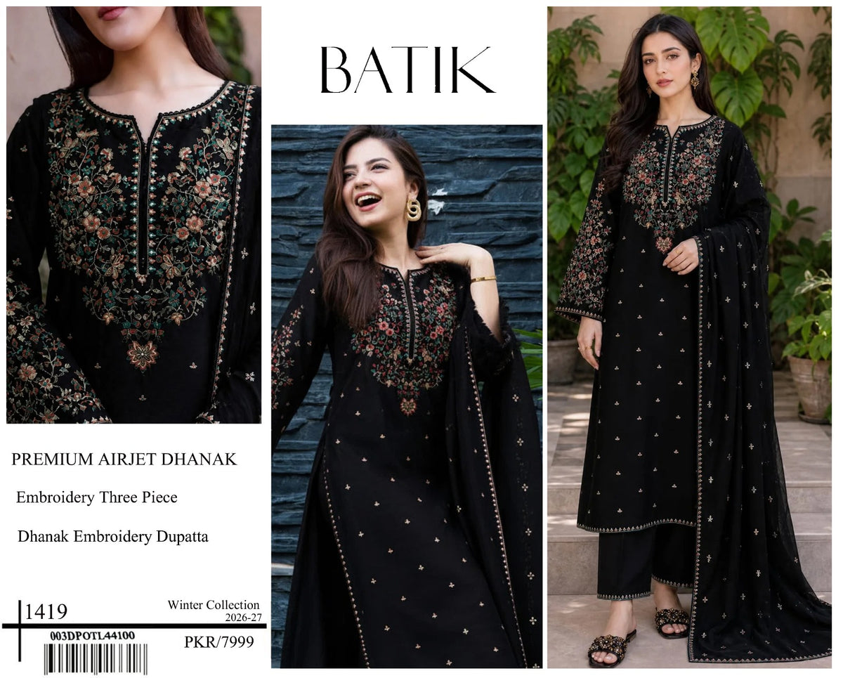 3-Piece Batik Inspired Premium Embroidered Dhanak Suit AL-1419
