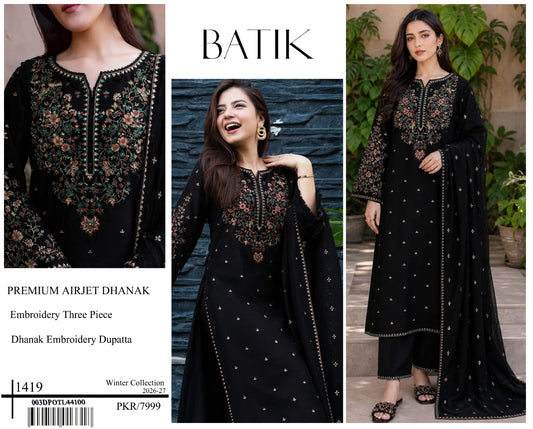 3-Piece Batik Inspired Premium Embroidered Dhanak Suit AL-1419