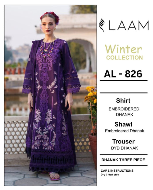 3-Piece Laam Inspired Premium Embroidered Dhanak Suit AL-826