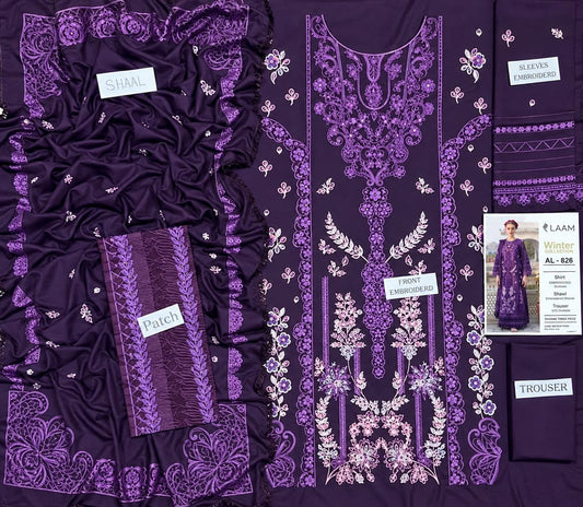 3-Piece Laam Inspired Premium Embroidered Dhanak Suit AL-826