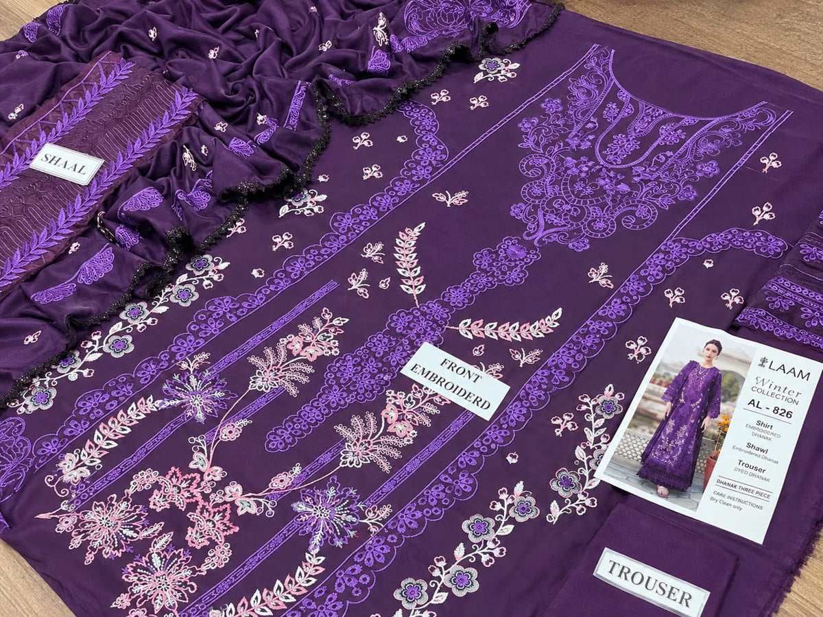 3-Piece Laam Inspired Premium Embroidered Dhanak Suit AL-826