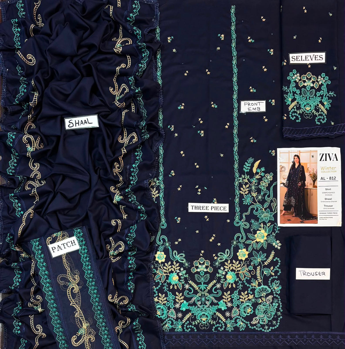 3-Piece Ziva Inspired Premium Embroidered Dhanak Suit AL-812