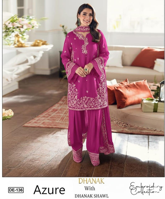 3-Piece Azure Inspired Premium Embroidered Dhanak Suit DE-136