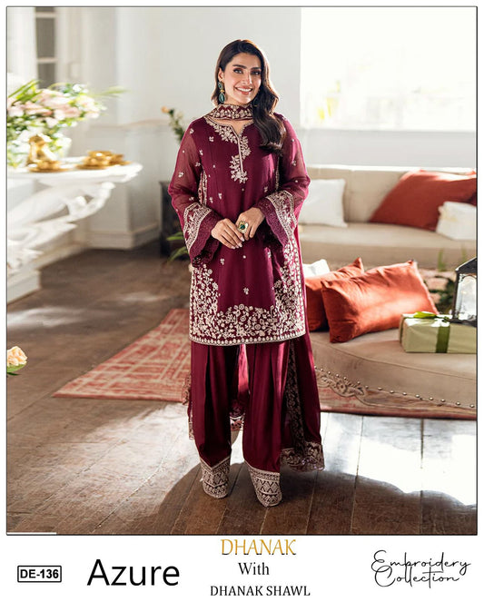 3-Piece Azure Inspired Premium Embroidered Dhanak Suit DE-136