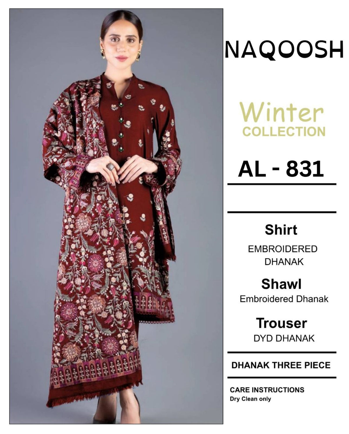 3-Piece Naqoosh Inspired Premium Embroidered Dhanak Suit DE-831