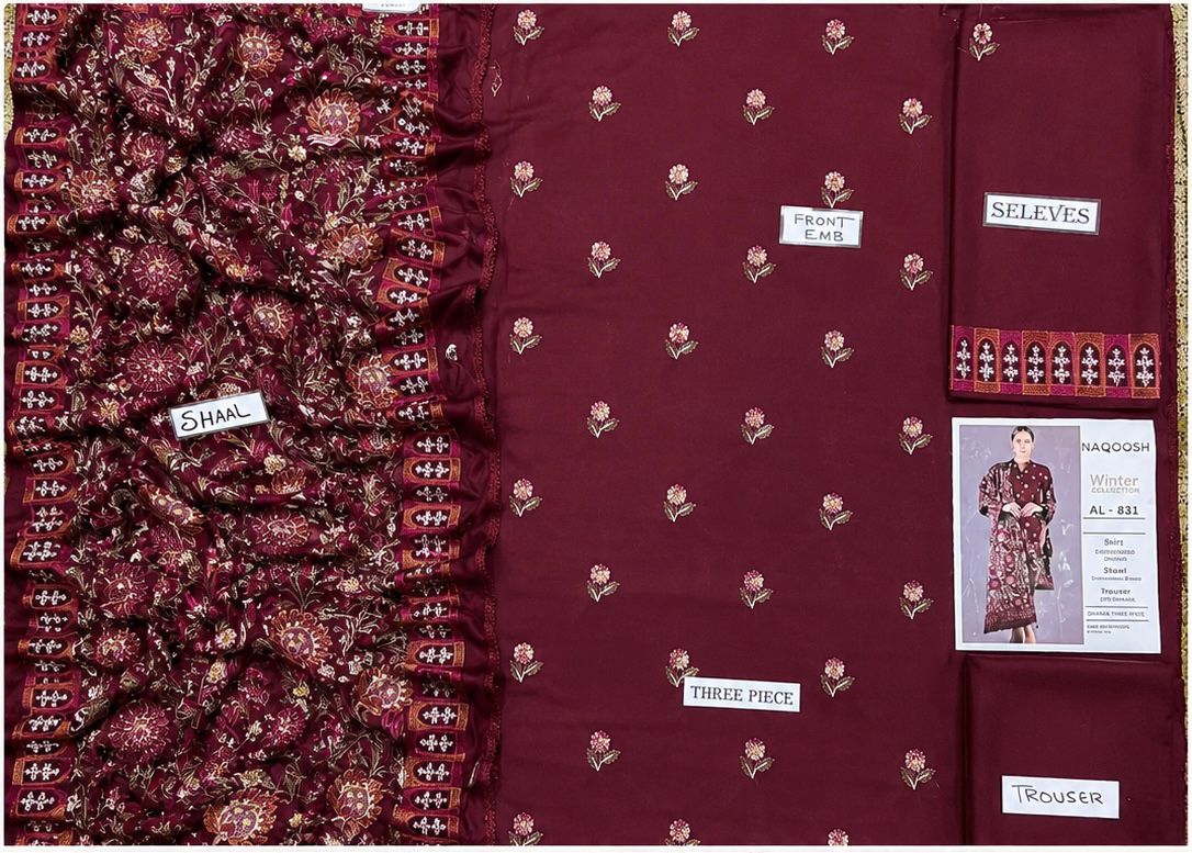 3-Piece Naqoosh Inspired Premium Embroidered Dhanak Suit DE-831