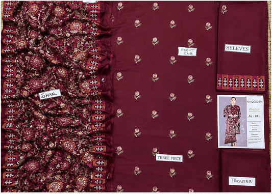 3-Piece Naqoosh Inspired Premium Embroidered Dhanak Suit DE-831