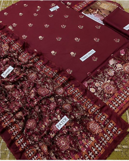 3-Piece Naqoosh Inspired Premium Embroidered Dhanak Suit DE-831