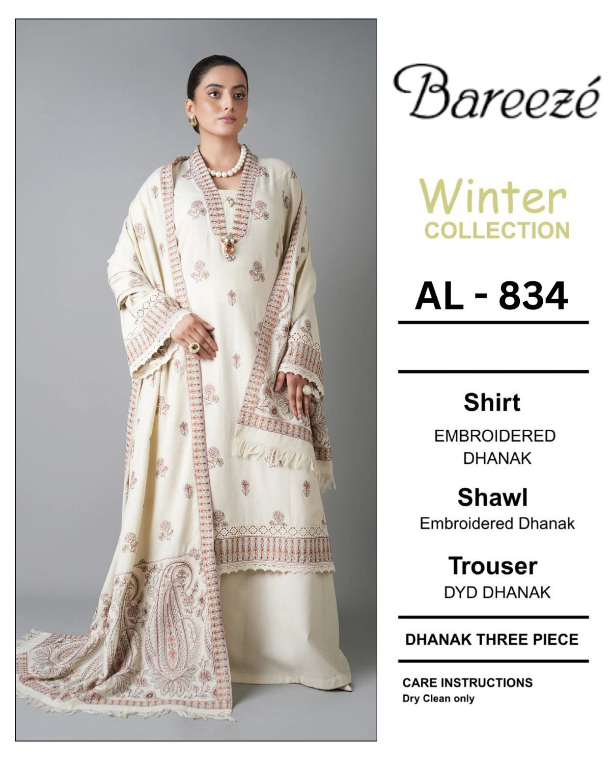 3-Piece Bareeze Inspired Premium Embroidered Dhanak Suit AL-834