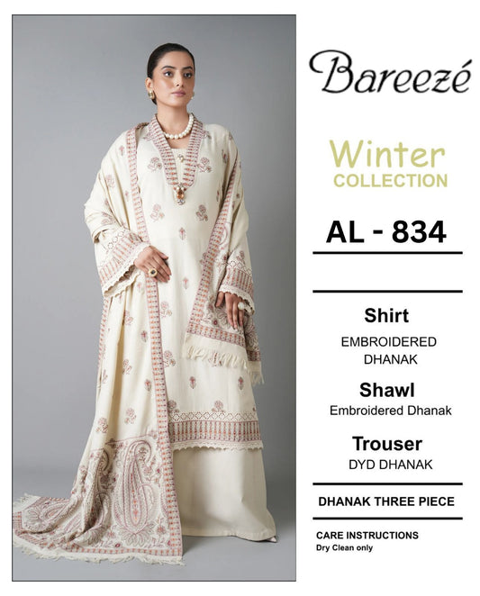 3-Piece Bareeze Inspired Premium Embroidered Dhanak Suit AL-834