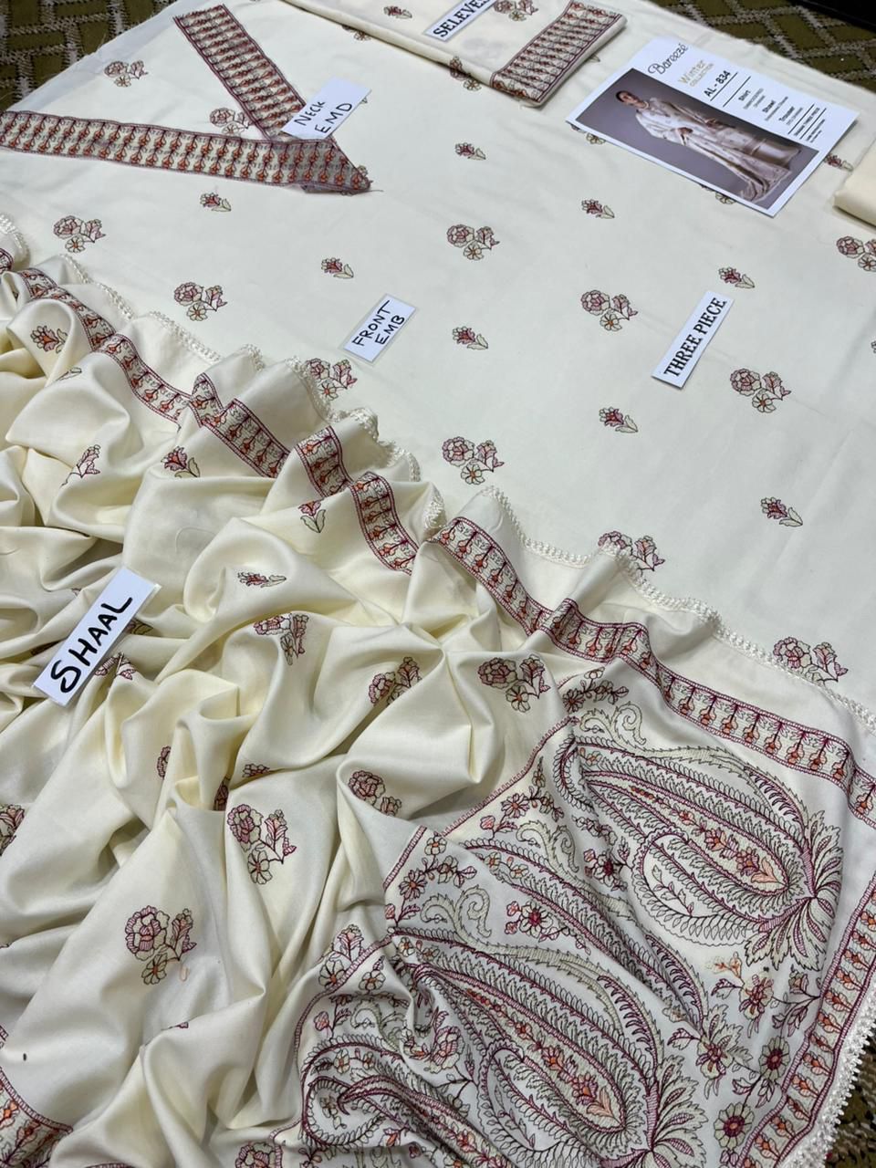3-Piece Bareeze Inspired Premium Embroidered Dhanak Suit AL-834