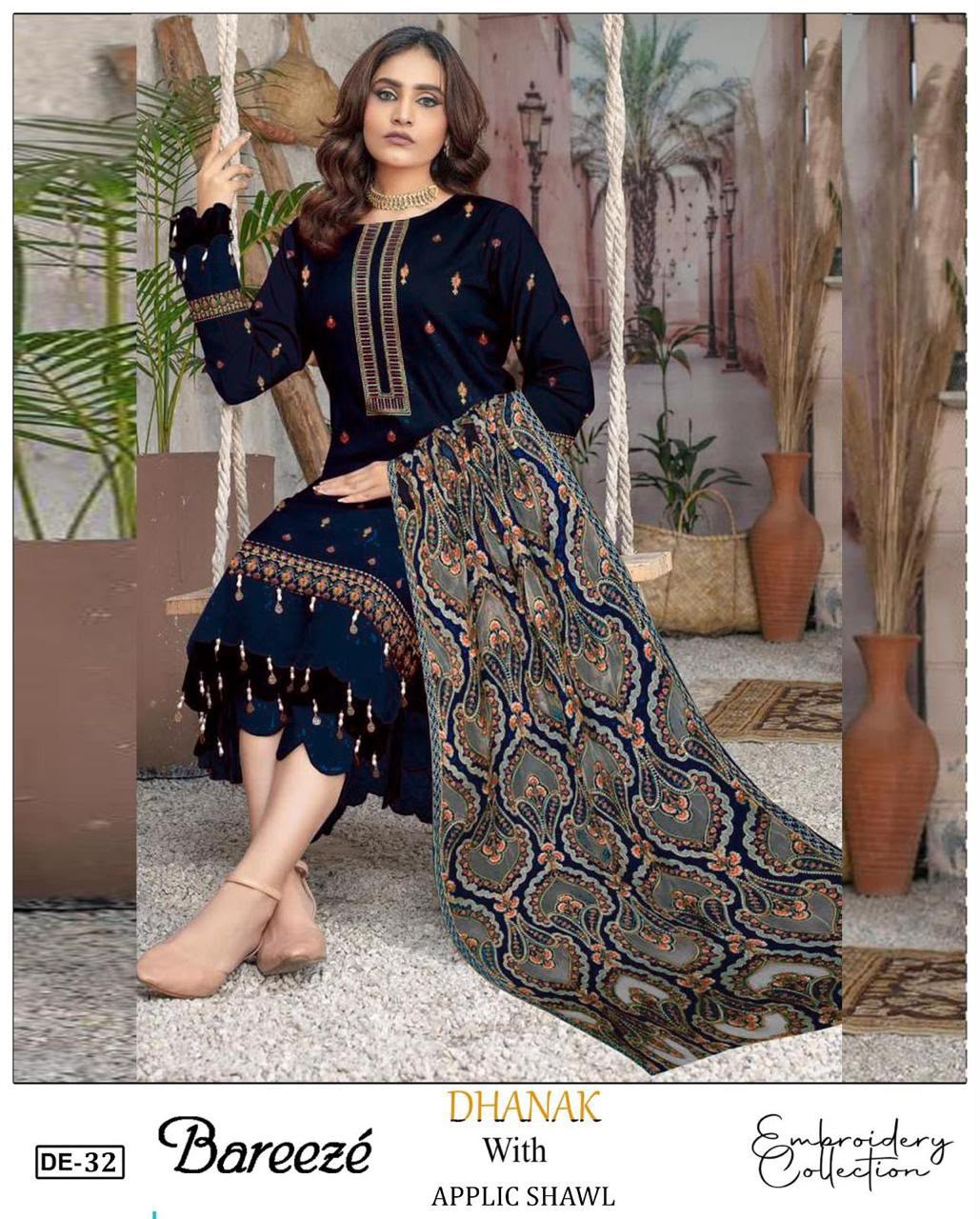 3-Piece Breeze Inspired Premium Embroidered Dhanak Suit DE-32