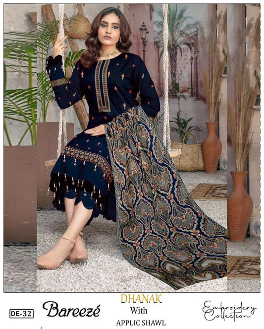 3-Piece Breeze Inspired Premium Embroidered Dhanak Suit DE-32