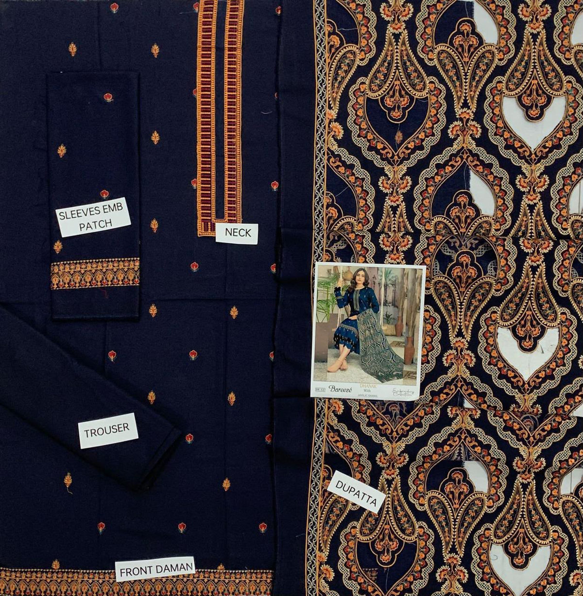 3-Piece Breeze Inspired Premium Embroidered Dhanak Suit DE-32