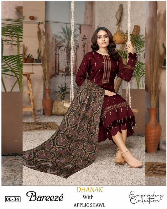 3-Piece Breeze Inspired Premium Embroidered Dahnak Suit DE-34
