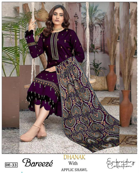 3-Piece Breeze Inspired Premium Embroidered Dhanak Suit DE-33