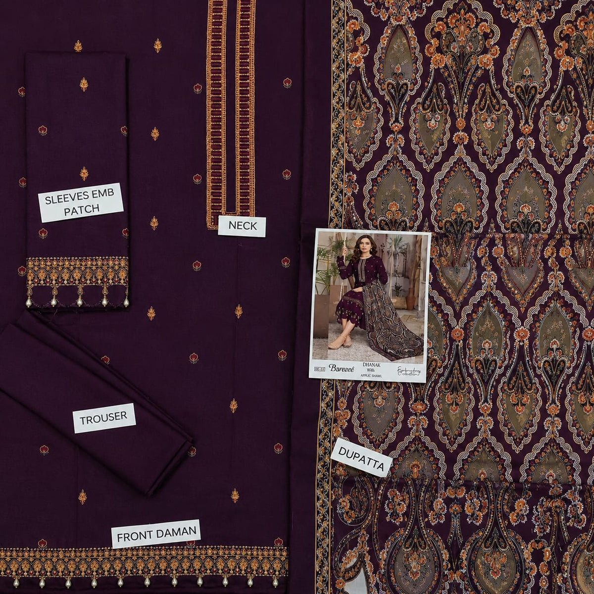 3-Piece Breeze Inspired Premium Embroidered Dhanak Suit DE-33