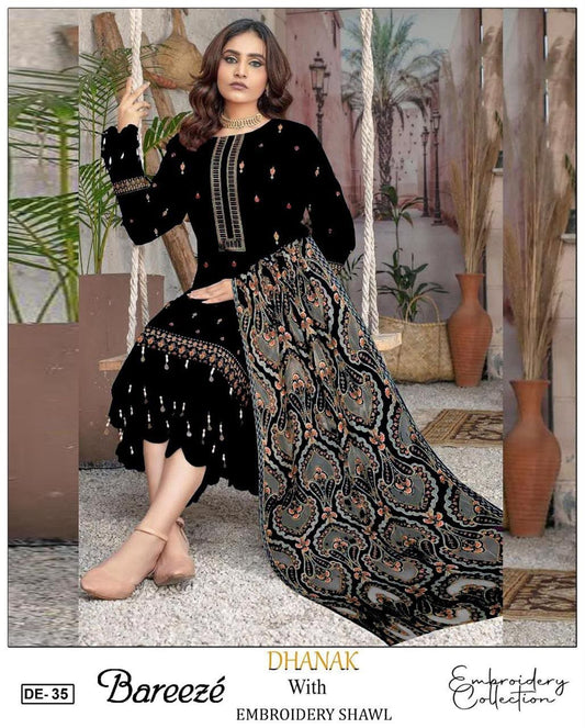 3-Piece Breeze Inspired Premium Embroidered Dhanak Suit DE-35