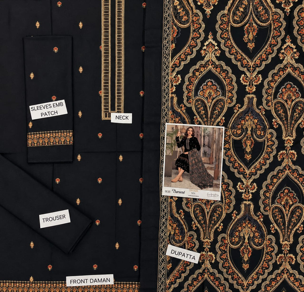 3-Piece Breeze Inspired Premium Embroidered Dhanak Suit DE-35