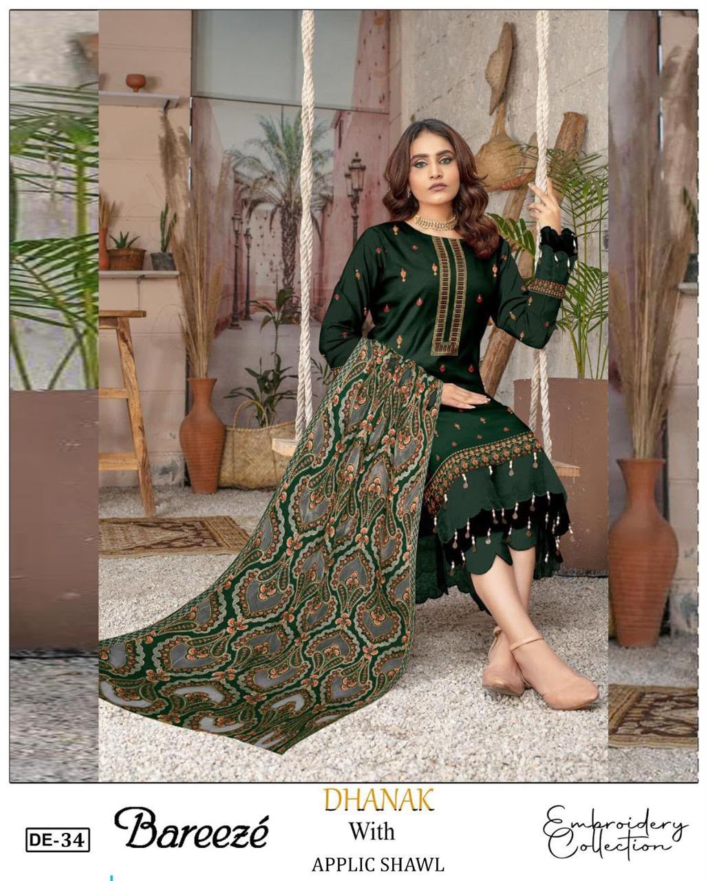 3-Piece Breeze Inspired Premium Embroidered Dhanak Suit DE-34