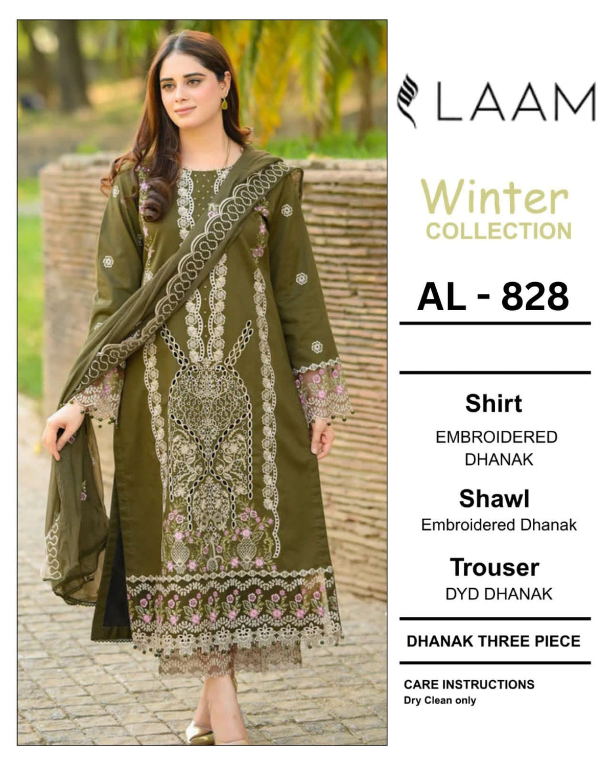 3-Piece Laam Inspired Premium Embroidered Dhanak Suit AL-828