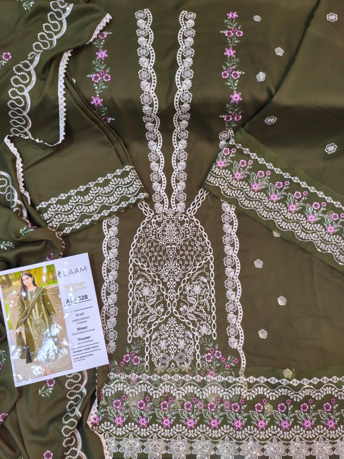 3-Piece Laam Inspired Premium Embroidered Dhanak Suit AL-828