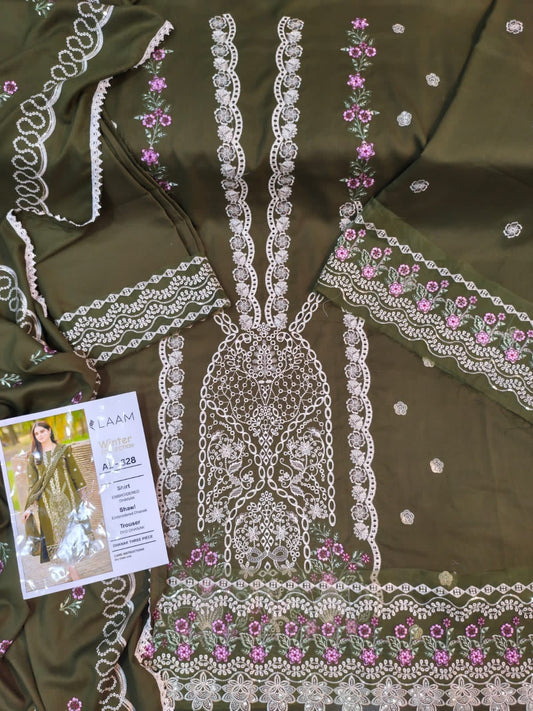 3-Piece Laam Inspired Premium Embroidered Dhanak Suit AL-828