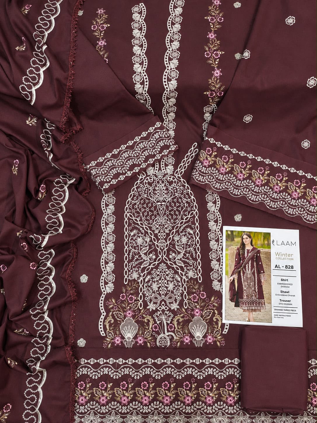 3-Piece Laam Inspired Premium Embroidered Dhanak Suit AL-828