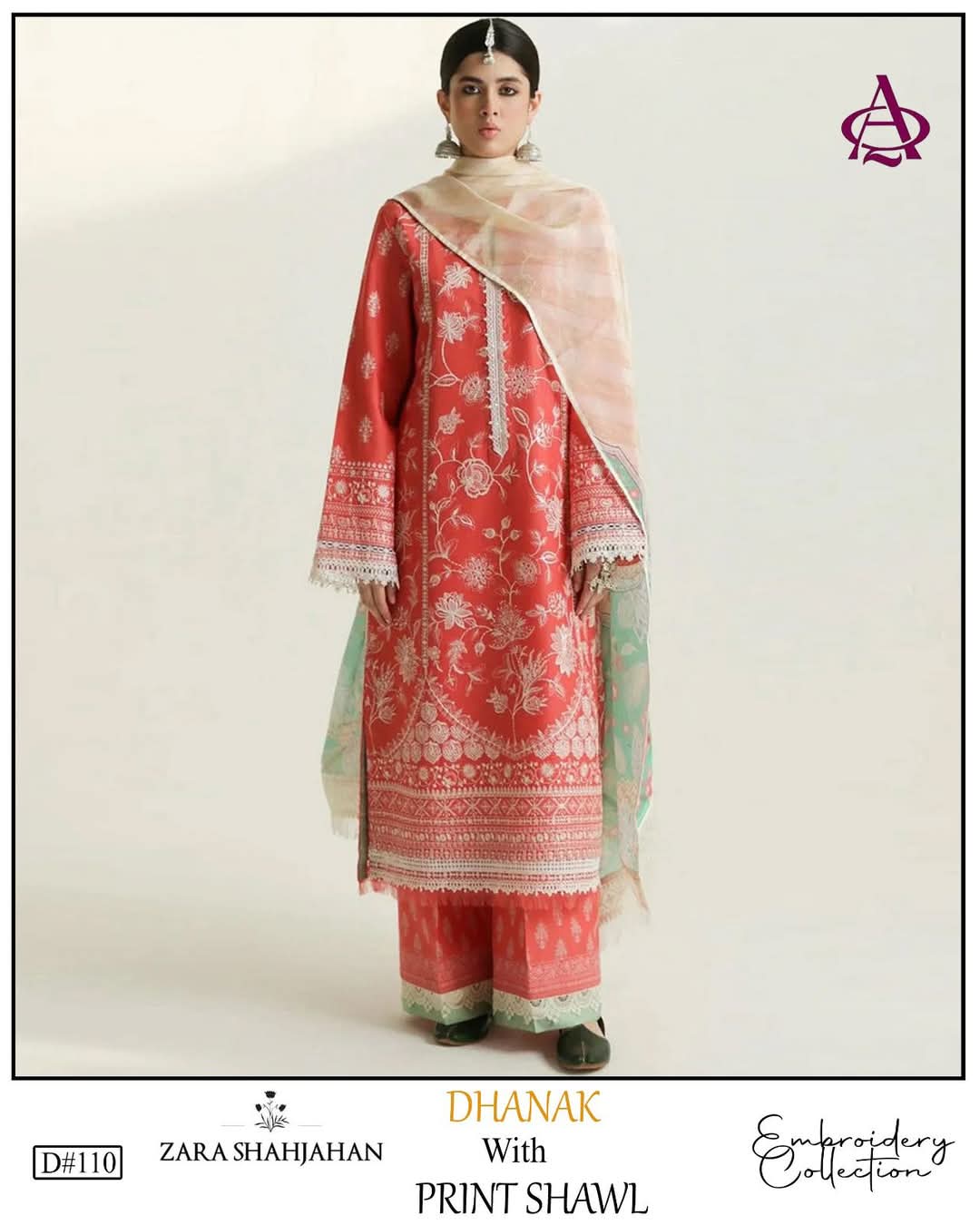 3-Piece Laam Inspired Premium Embroidered Dhanak Suit DE-110