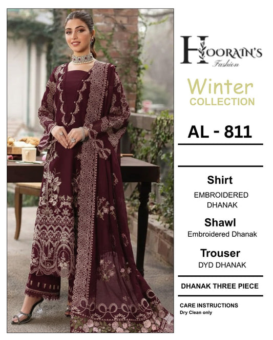3-Piece Bareeze Inspired Premium Embroidered Dhanak Suit AL-811