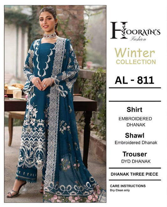 3-Piece Bareeze Inspired Premium Embroidered Dhanak Suit AL-811