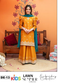 Kids 3PC Embroidered Summer Dress With Net Dupatta - Unstitched - DE-13