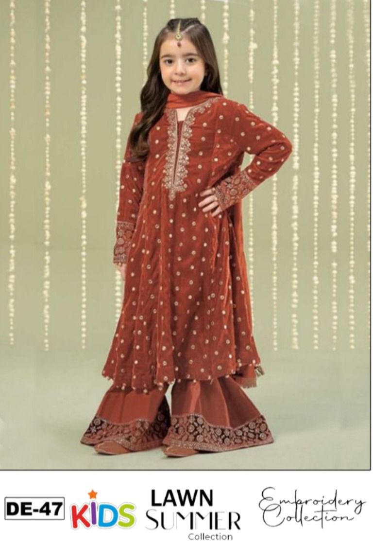 Kids 3PC Embroidered Summer Dress With Net Dupatta - Unstitched - DE-47