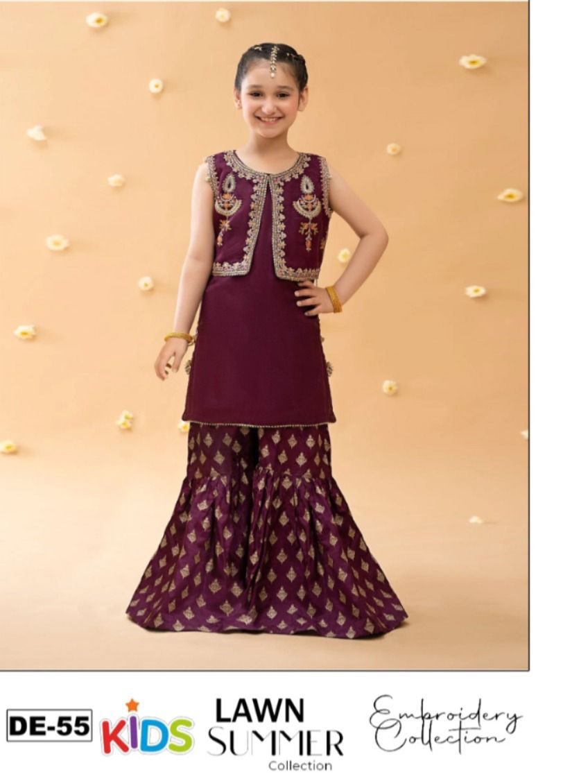 Kids 3PC Embroidered Summer Dress With Net Dupatta - Unstitched - DE-55