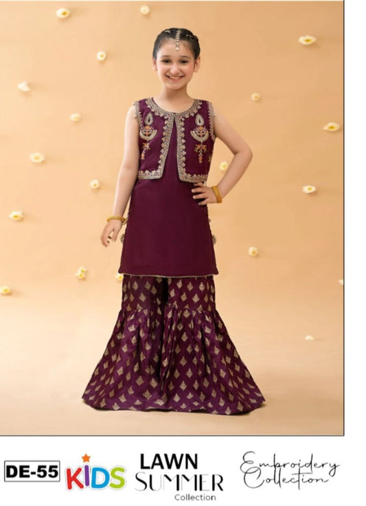 Kids 3PC Embroidered Summer Dress With Net Dupatta - Unstitched - DE-55