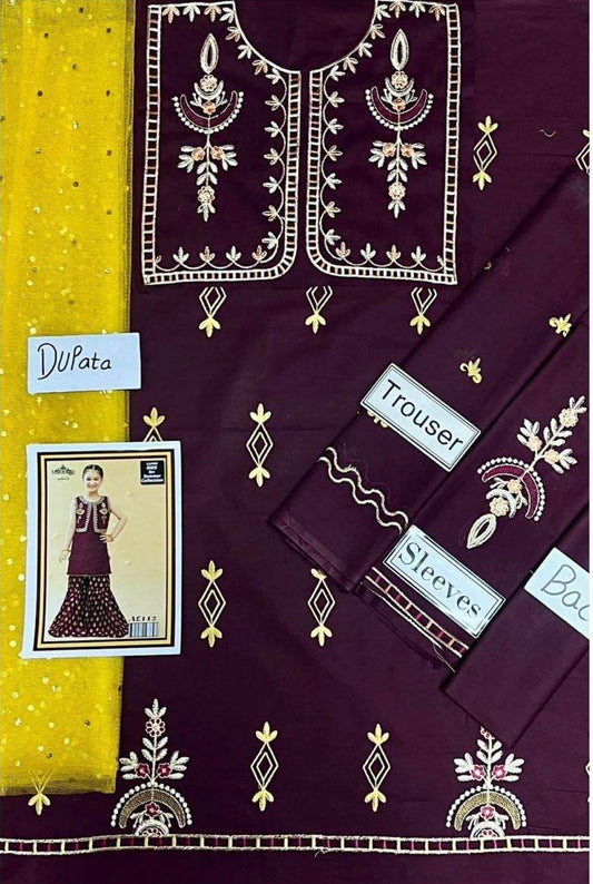 Kids 3PC Embroidered Summer Dress With Net Dupatta - Unstitched - DE-55