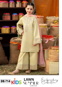 Kids 3PC Embroidered Summer Dress With Net Dupatta - Unstitched - DE-714