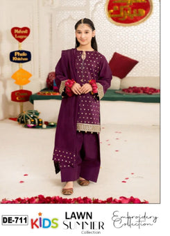 Kids 3PC Embroidered Summer Dress With Net Dupatta - Unstitched - DE-711