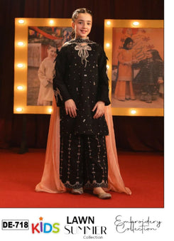 Kids 3PC Embroidered Summer Dress With Net Dupatta - Unstitched - DE-718