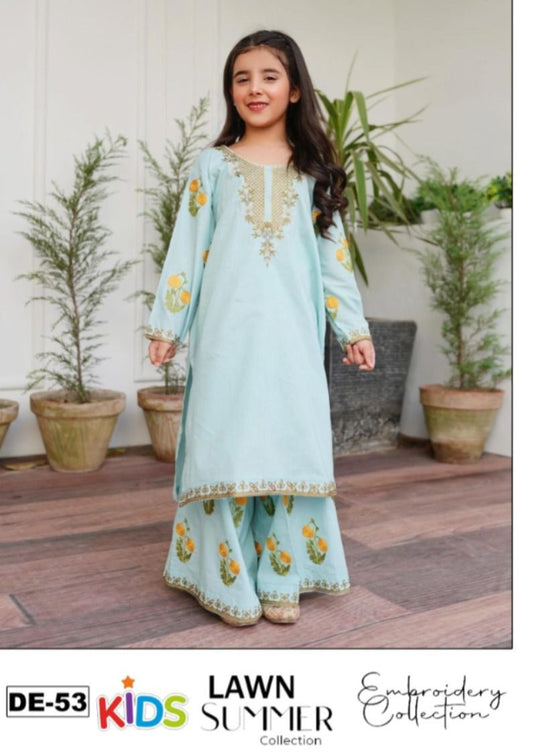 Kids 3PC Embroidered Summer Dress With Net Dupatta - Unstitched - DE-53
