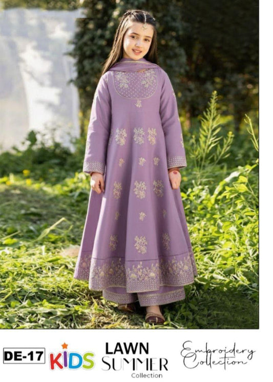 Kids 3PC Embroidered Summer Dress With Net Dupatta - Unstitched - DE-17